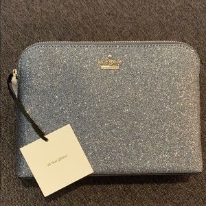 kate spade silver/blue glitter cosmetic case, NEW!